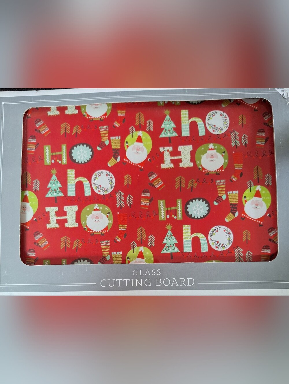 Nwt Christmas Santa Pattern Glass Cutting Board - Red